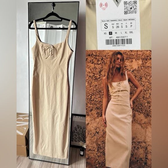 Zara Beige Lace-Up Midi Dress - Picture 2 of 7